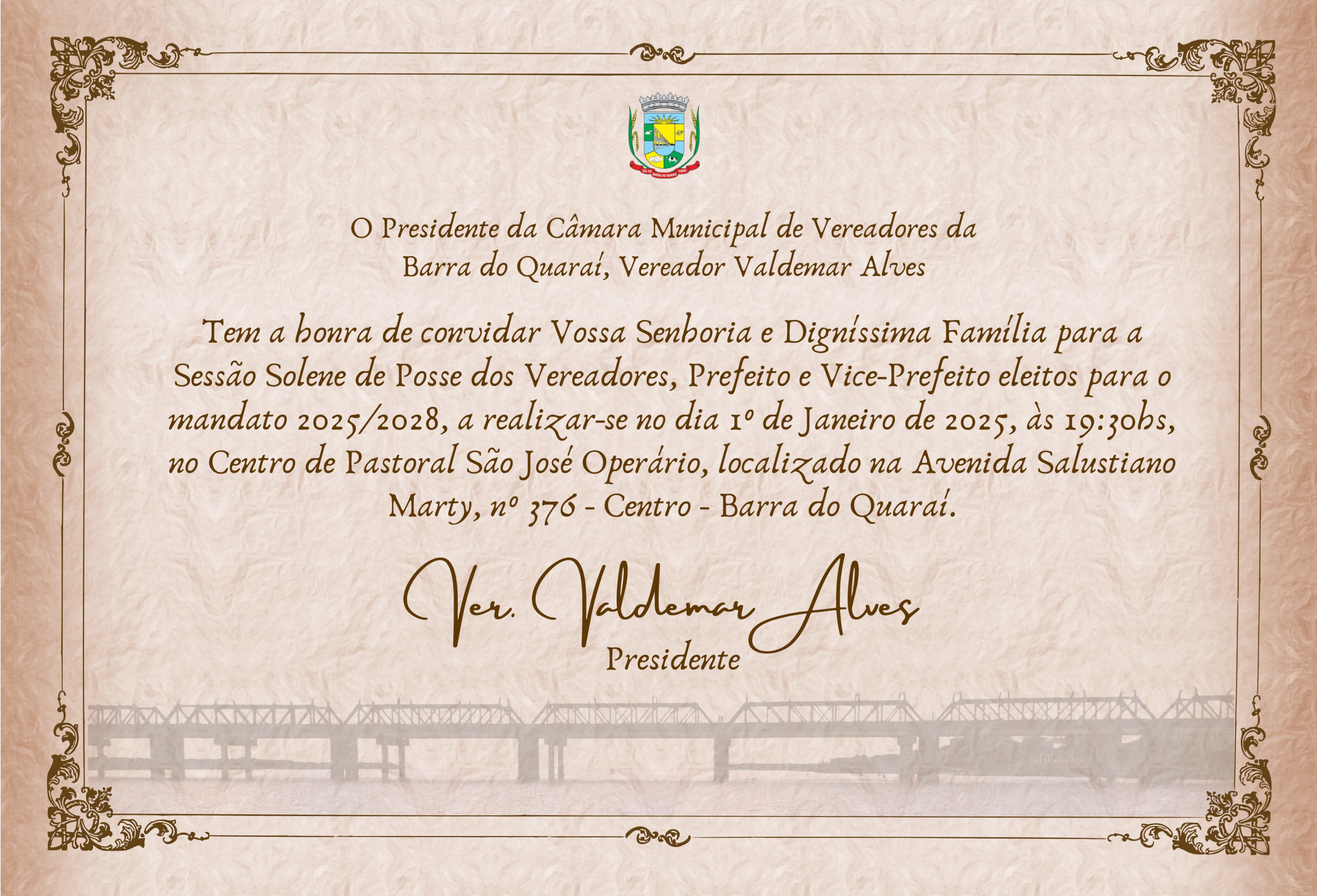 CONVITE PARA SESSÃO SOLENE DE POSSE DOS VEREADORES, PREFEITO E VICE-PREFEITO